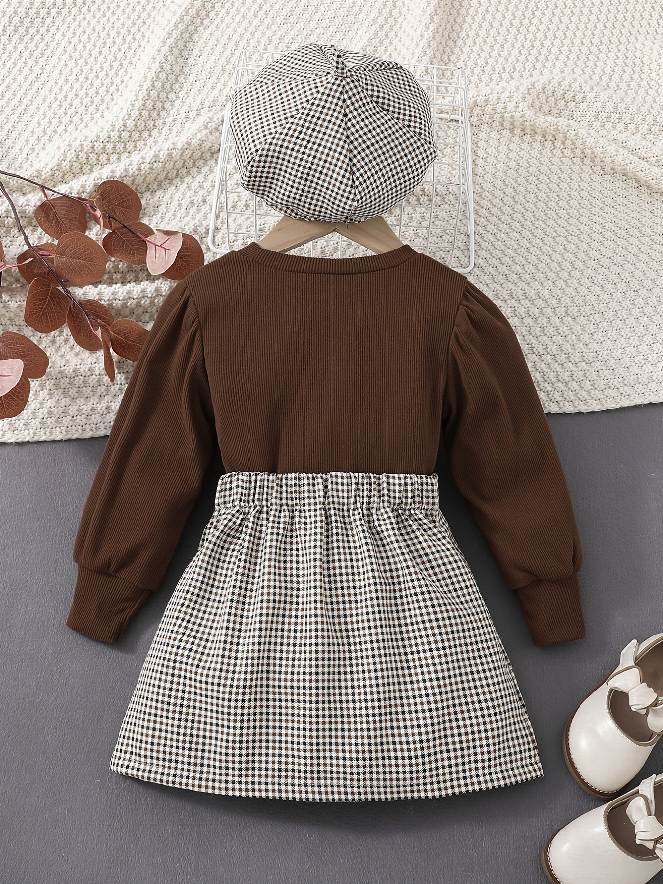 3pcs Baby Girls Puff Sleeves Top & Skirt & Berets Set Kids Clothes