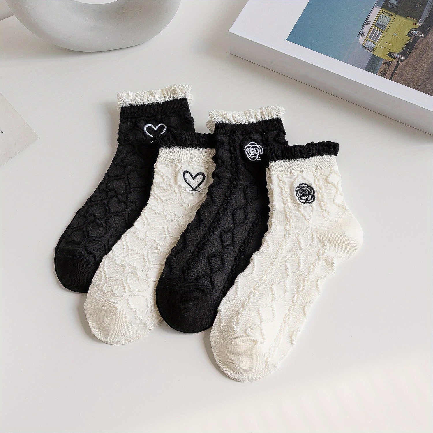 4 Pairs Textured Ruffle Socks Embroidery Short Socks