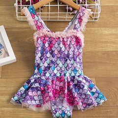 Girl's Fish Scale Pattern Onesie Swimsuit Mesh Ruffle Decor Tankini