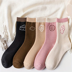5 Pairs Cartoon Food Print Comfy Mid Tube Socks Women's Stockings & Hosiery