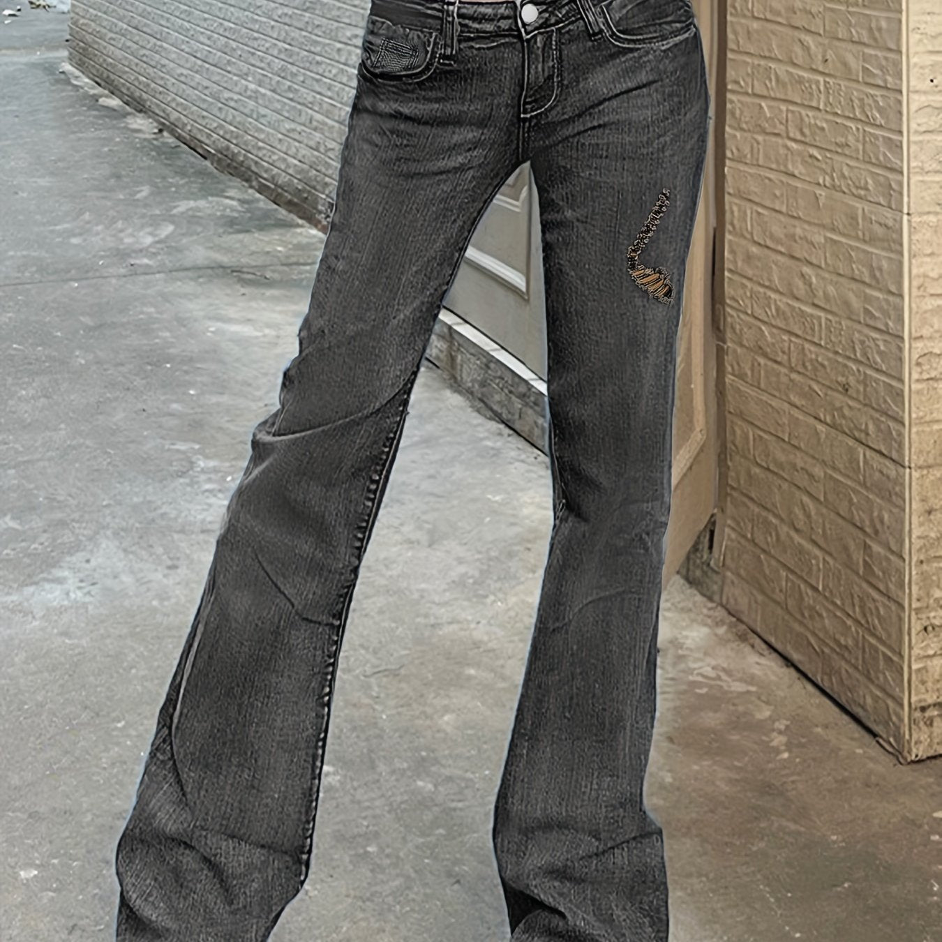 Dark Grey Ripped Holes Flared Jeans Bell Bottom Wide Legs Women's Denim Pants