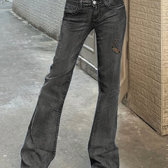 Dark Grey Ripped Holes Flared Jeans Bell Bottom Wide Legs Women's Denim Pants