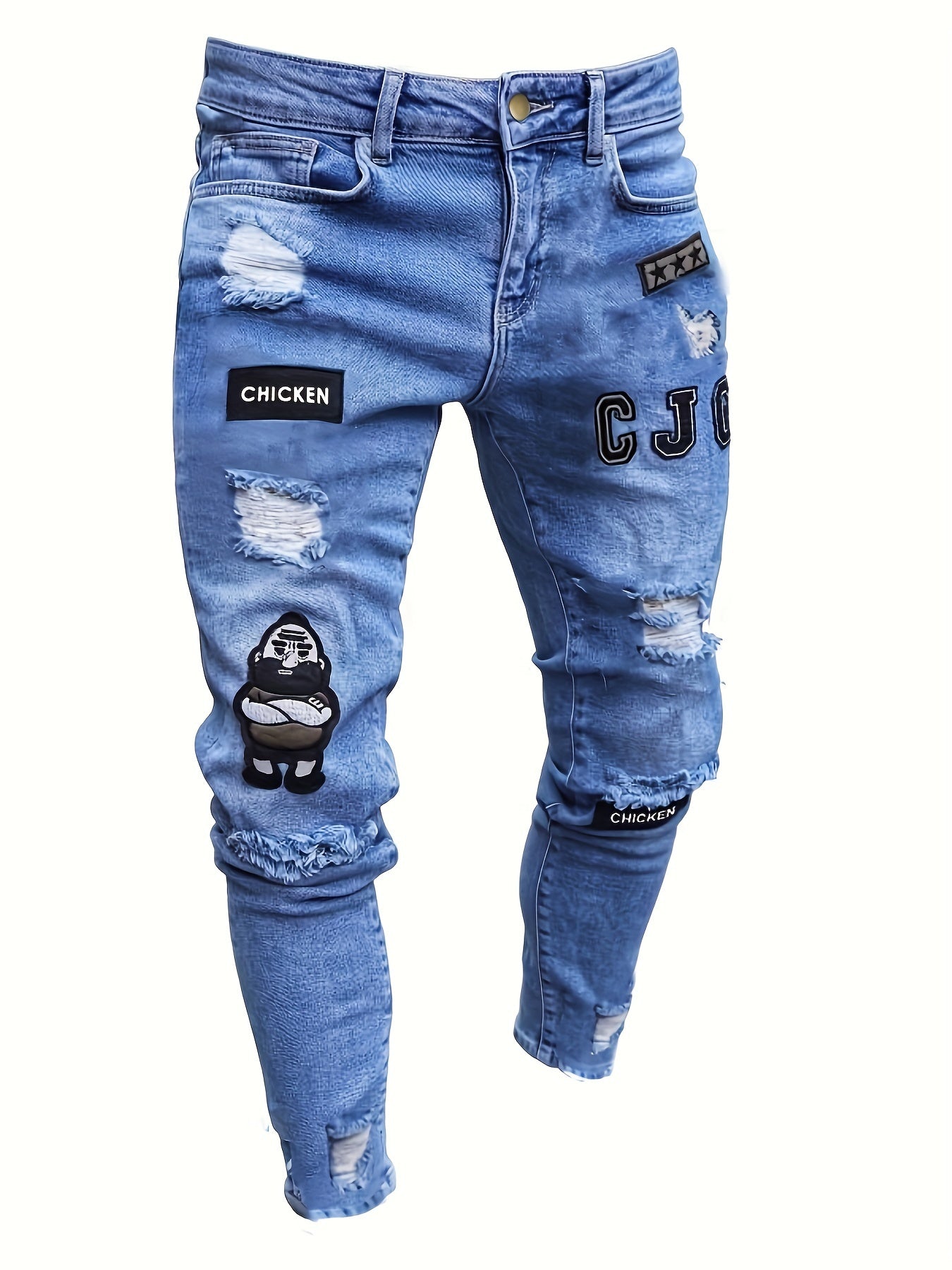Embroidered Ripped Jeans Men's Slim Fit Distressed Denim Pants