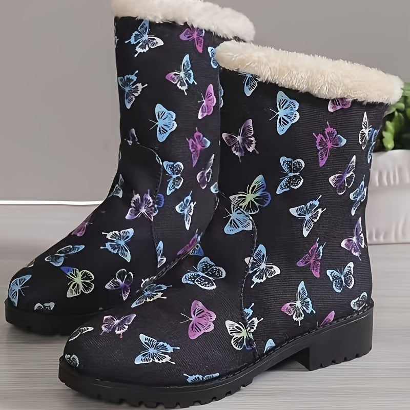 Women's Butterfly Pattern Fleece Lining Winter Mid Calf Boots