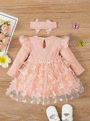 2pcs Baby Girls Butterfly Long Sleeve Dress & Headband Set