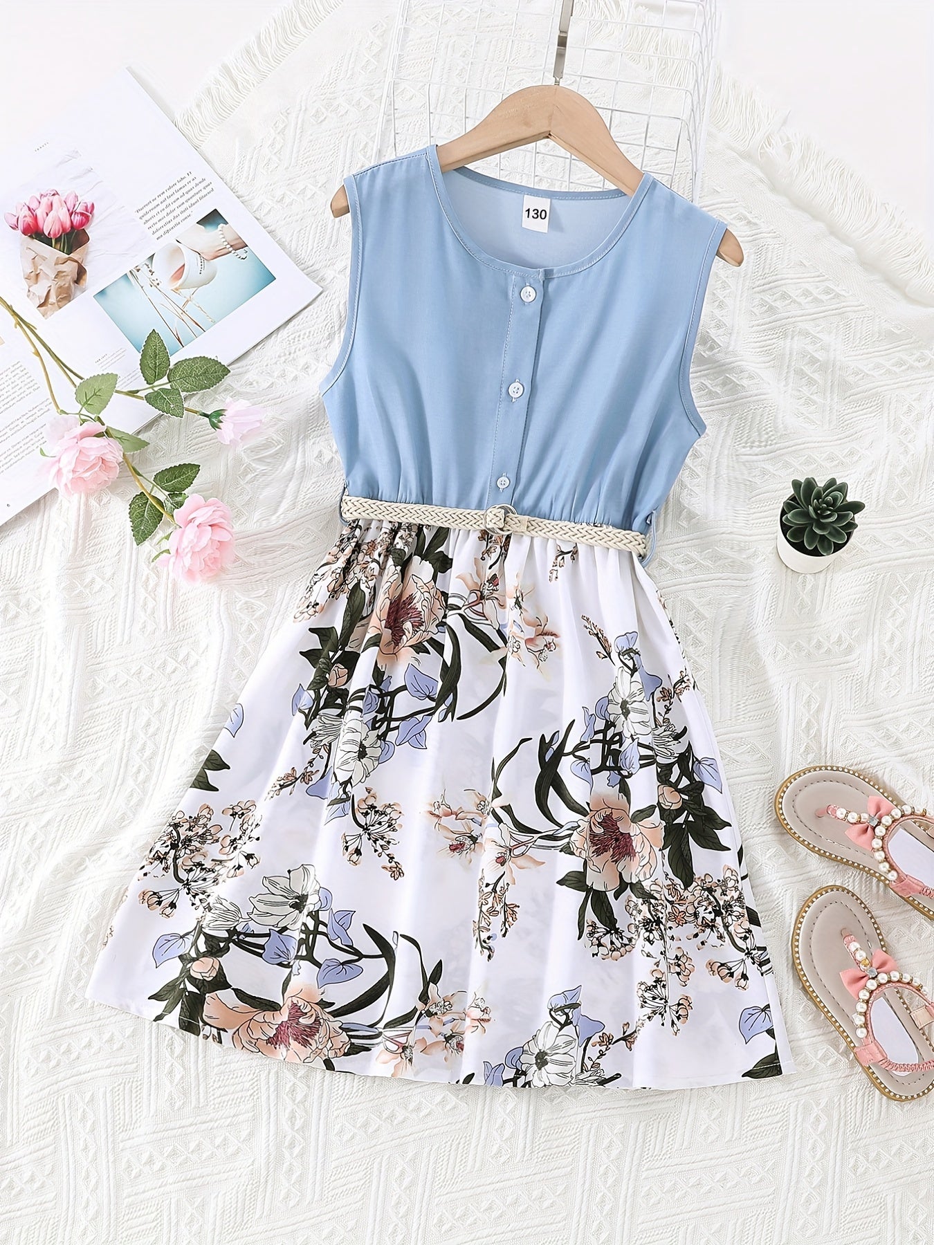 Girls' Floral Skirt & Tank Top Patchwork Dress