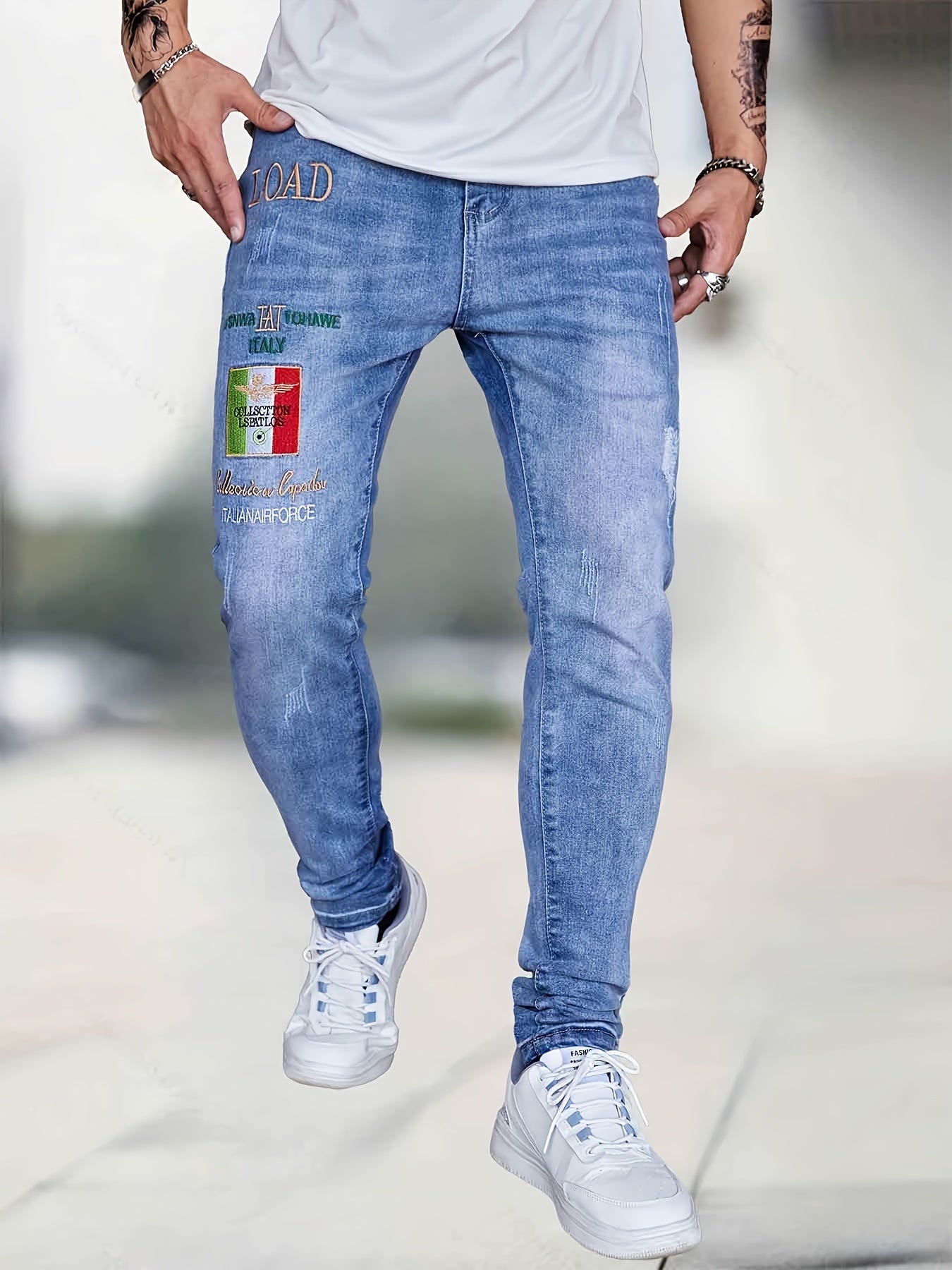Embroidery Slim Fit Ripped Jeans Men's Casual Street Style Denim Pant