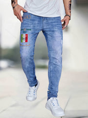 Embroidery Slim Fit Ripped Jeans Men's Casual Street Style Denim Pant