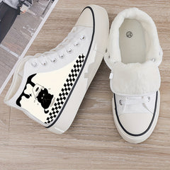 Cat Print Plush Lined Thermal Chunky Canvas Sneakers