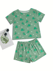 Dinosaur Print Lounge Set Short Sleeve Crew Neck Top & Elastic Waistband Shorts