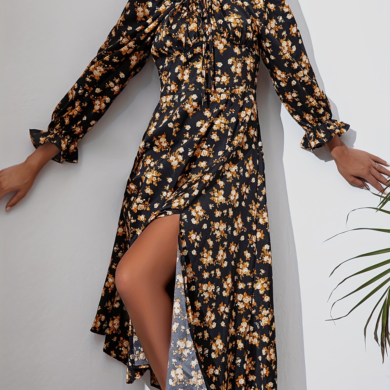 Floral Split Thigh Dress Long Sleeve Squared Neck