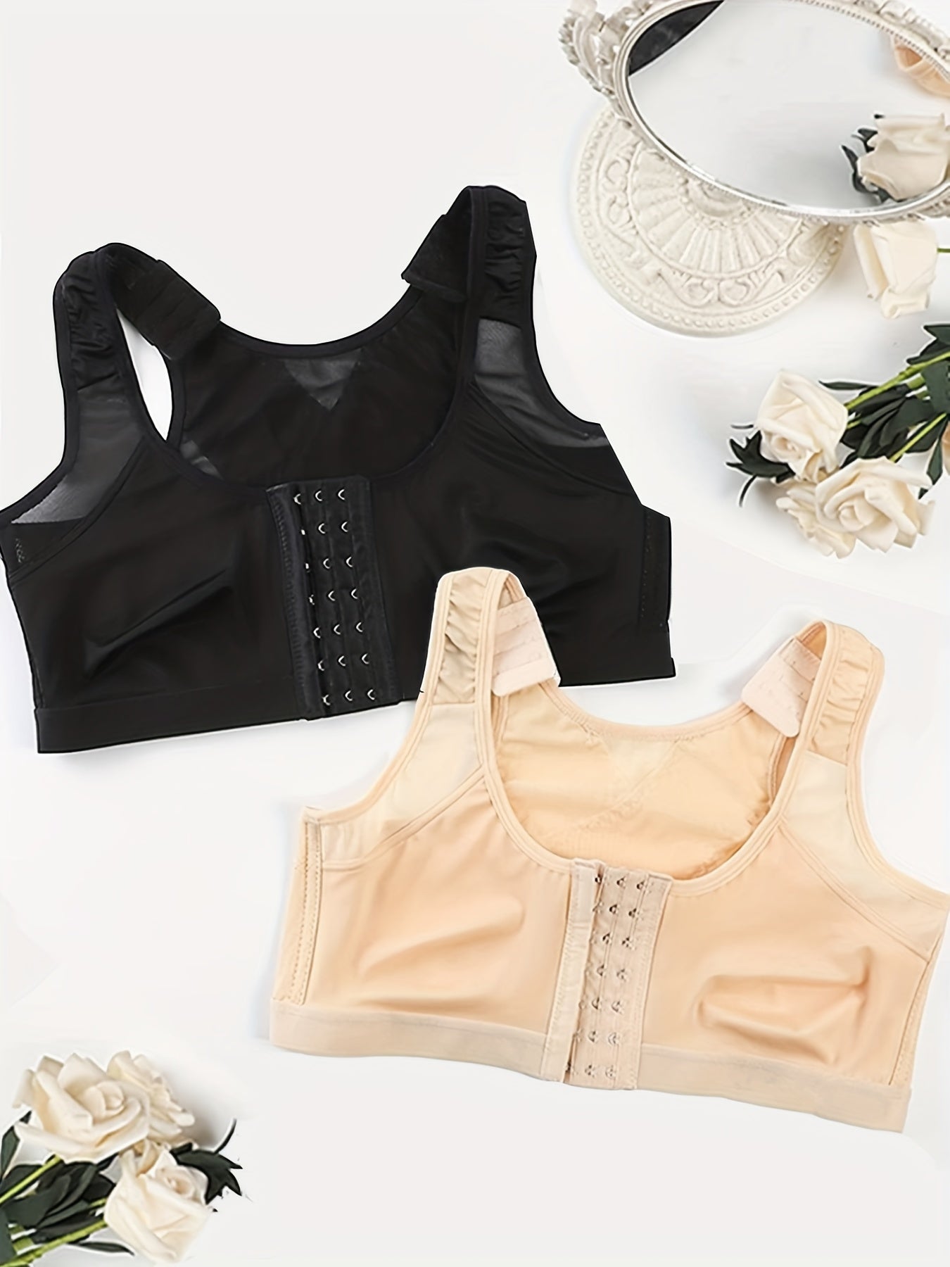 2pcs Wireless Bras Front Buckle Mesh Contrast Comfy & Breathable