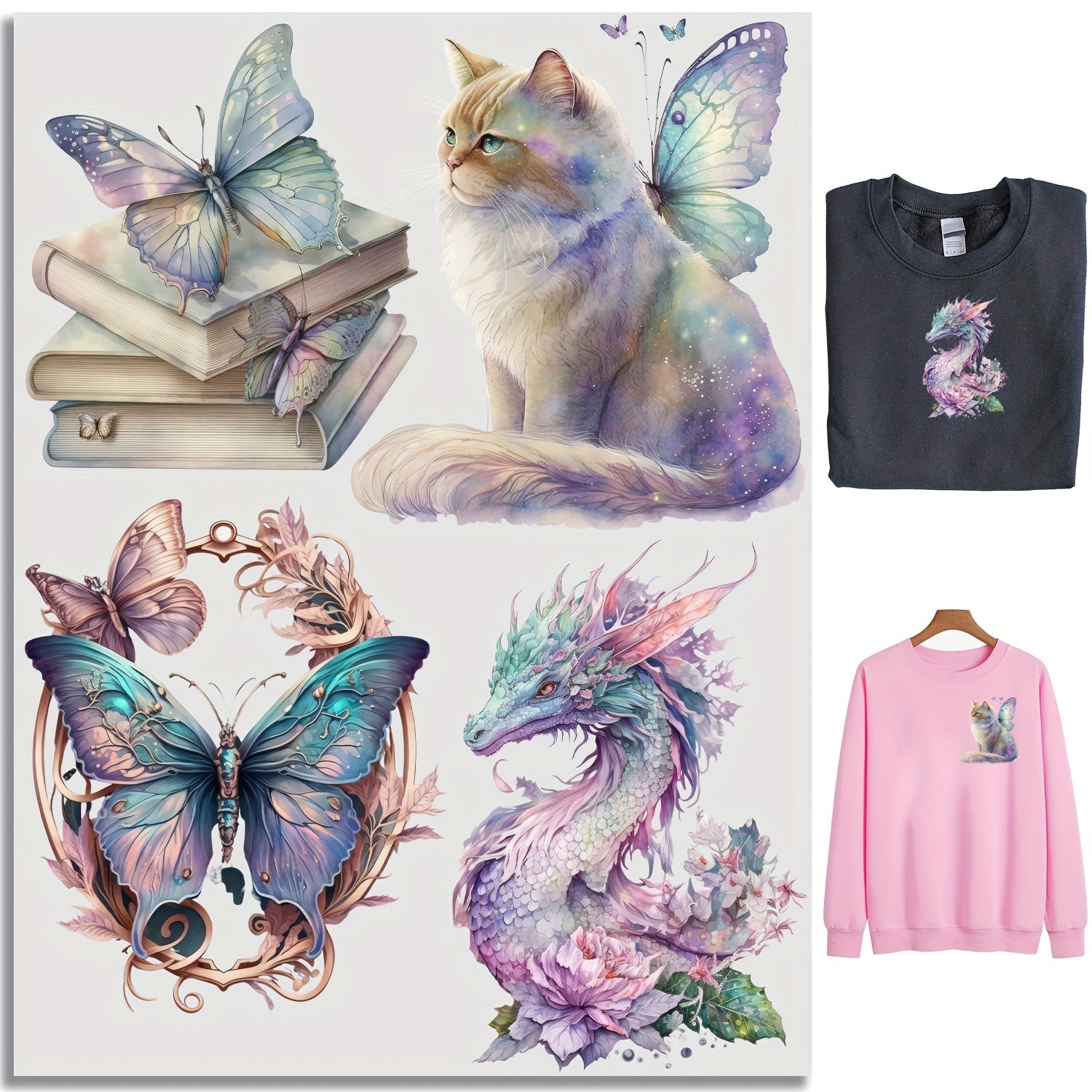 4pcs Butterfly Cat Dragon Iron-On Sublimation Patches