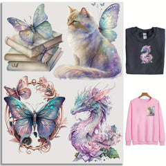 4pcs Butterfly Cat Dragon Iron-On Sublimation Patches