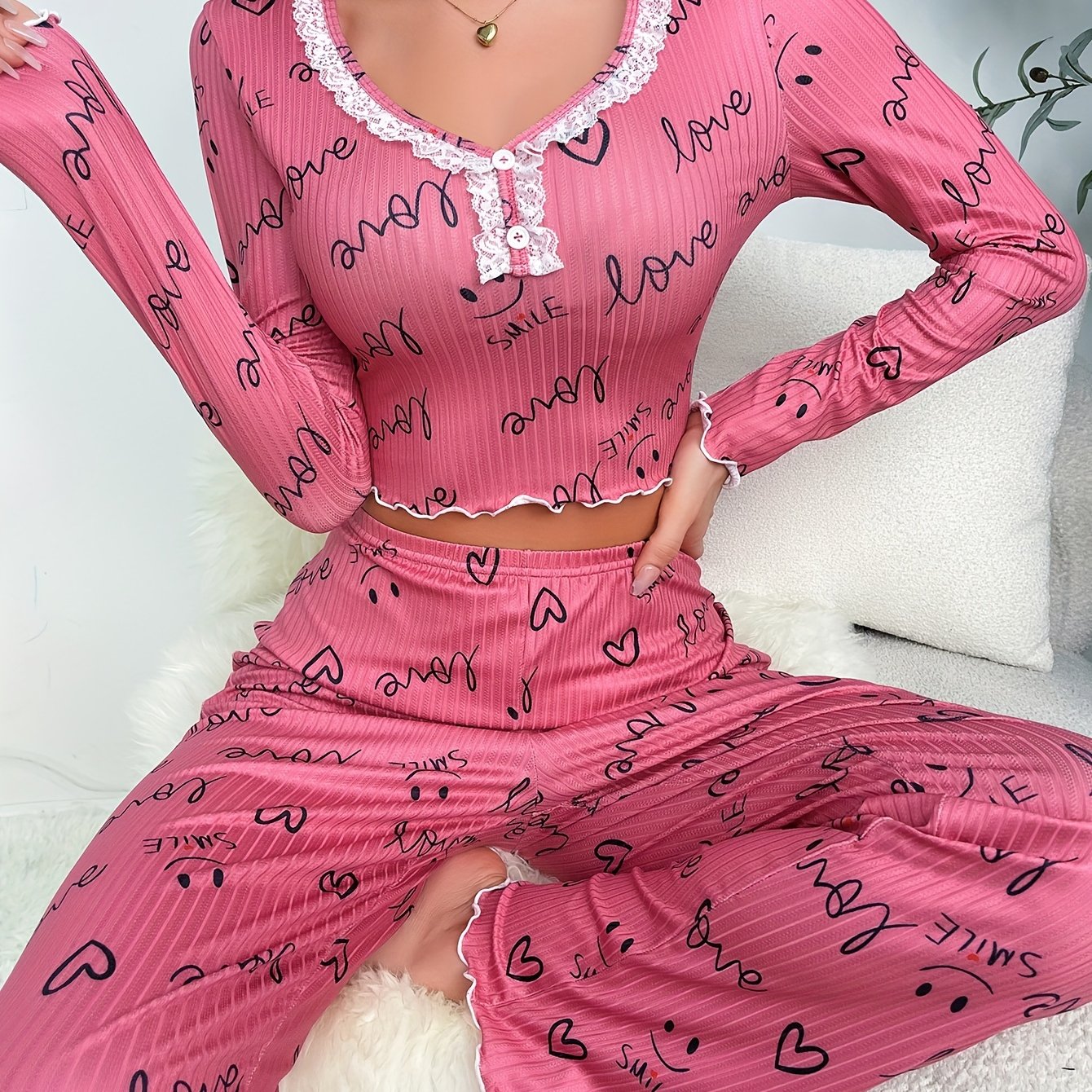 Letter Print Pajama Set w/ Long Sleeve Top & Pants