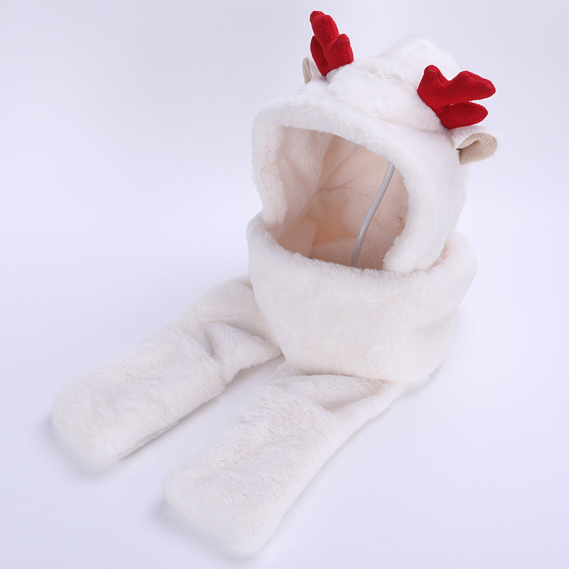 Christmas Rabbit Fur Antlers Winter Cartoon Hat Scarf Gloves Set