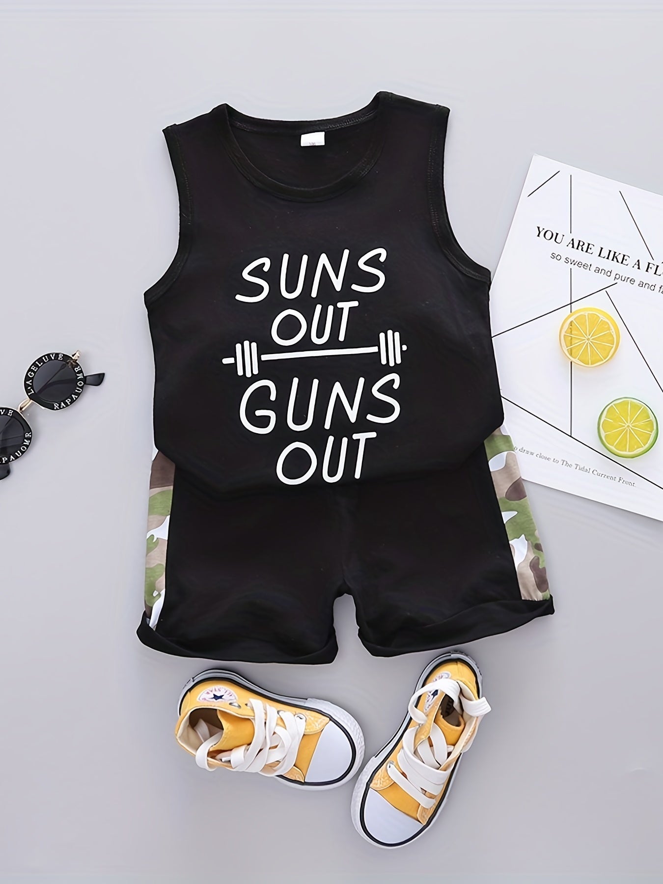 2pcs Boys SUNS OUT Print Tank Top & Camo Shorts Set Kids Summer Clothes