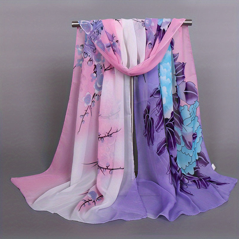 Chiffon Flower Print Gradient Long Scarf