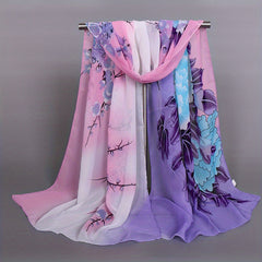 Chiffon Flower Print Gradient Long Scarf
