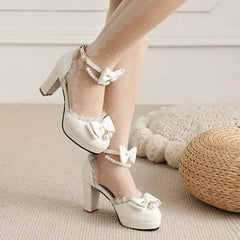 Mary Jane Bow Pearl Ankle Strap Block Heels Lolita Pumps