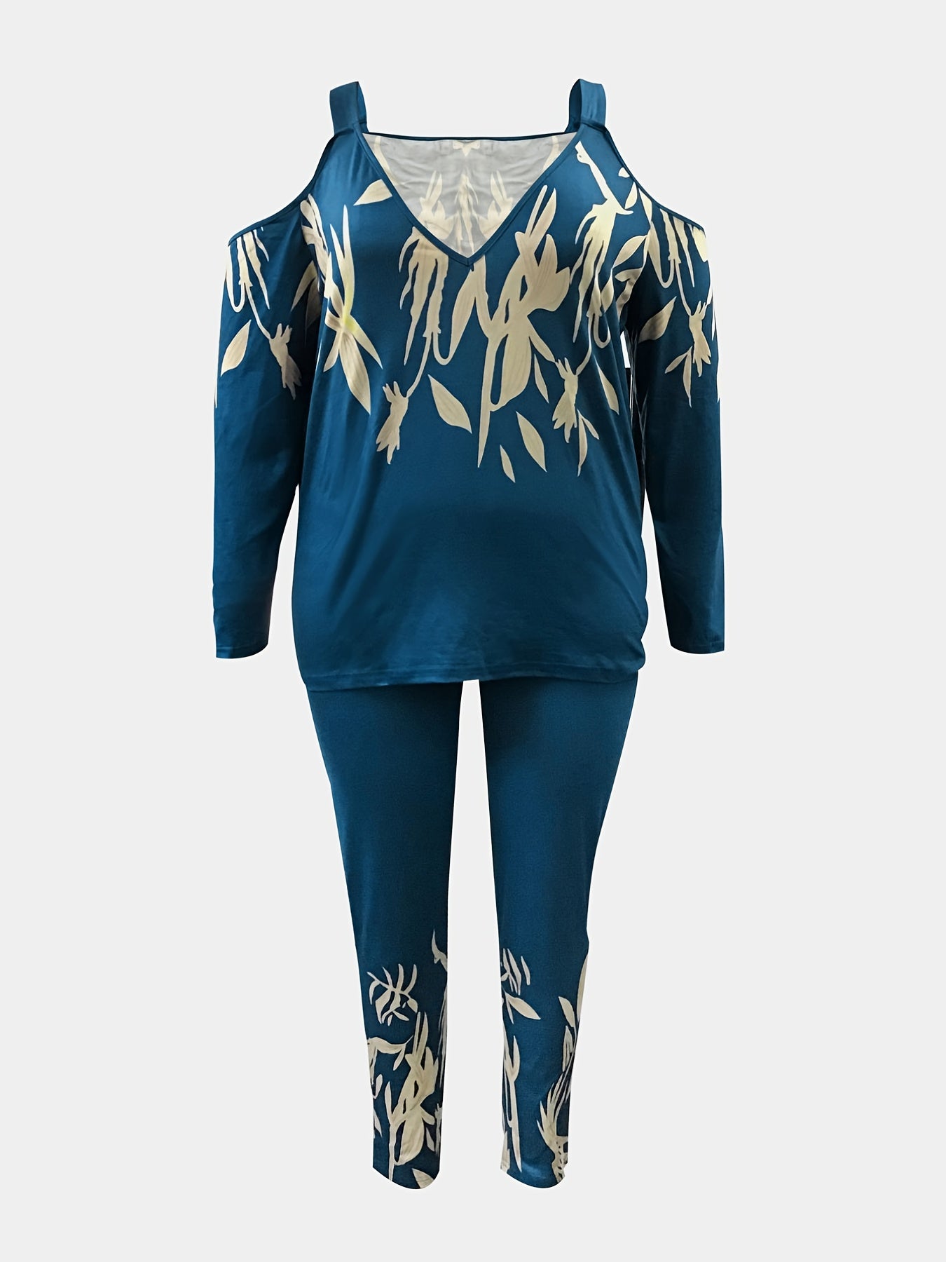Women's Plus Floral Print Cold Shoulder Cut Out Long Sleeve Top & Leggings Set