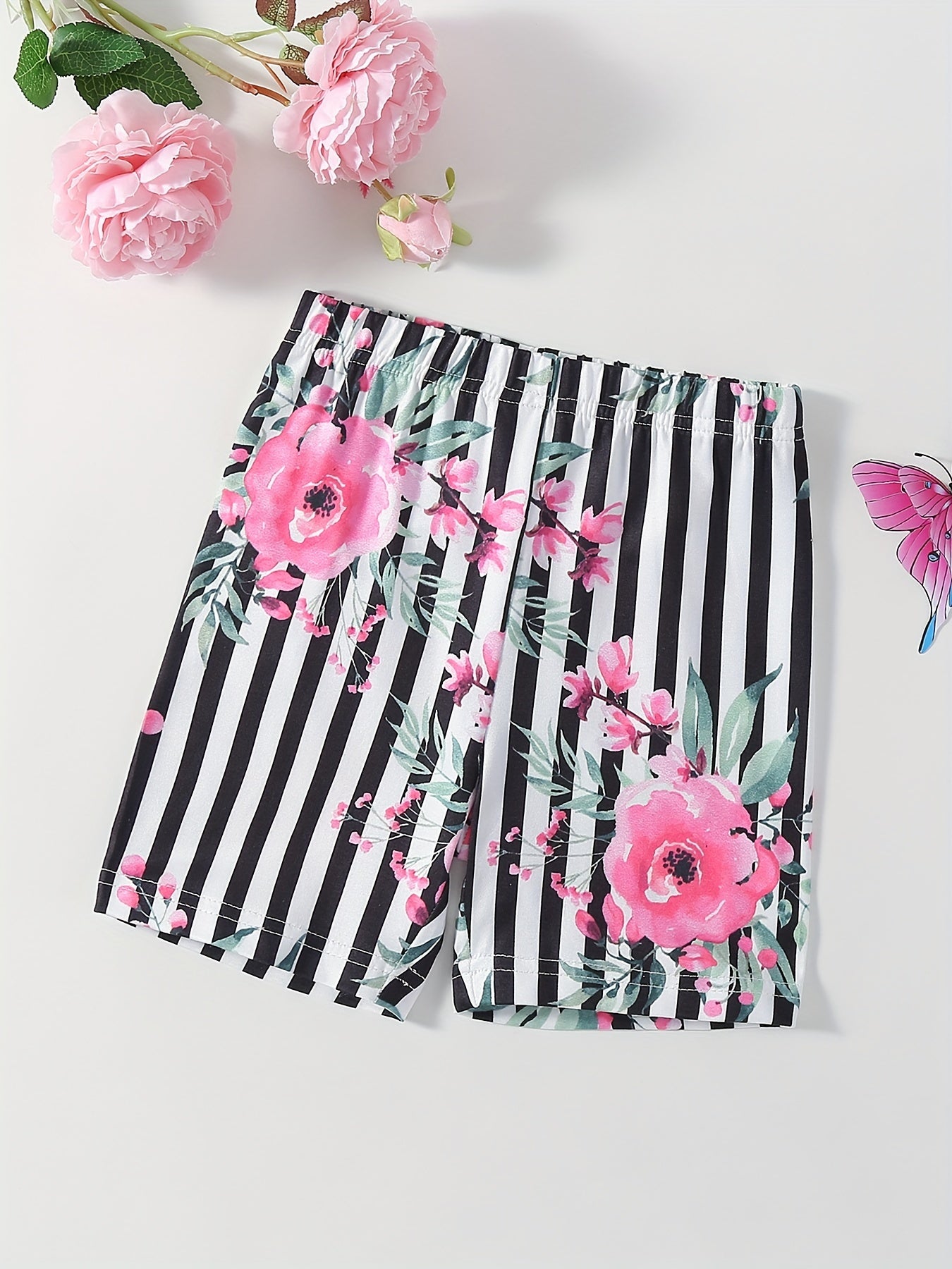 Girls' Striped Flower Print Thin Casual Shorts