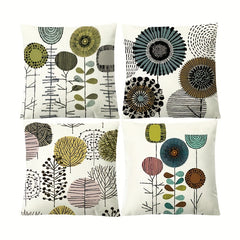 4pcs Abstract Flower Linen Cushion Cover 45x45, Geometric Sofa Pillow Case