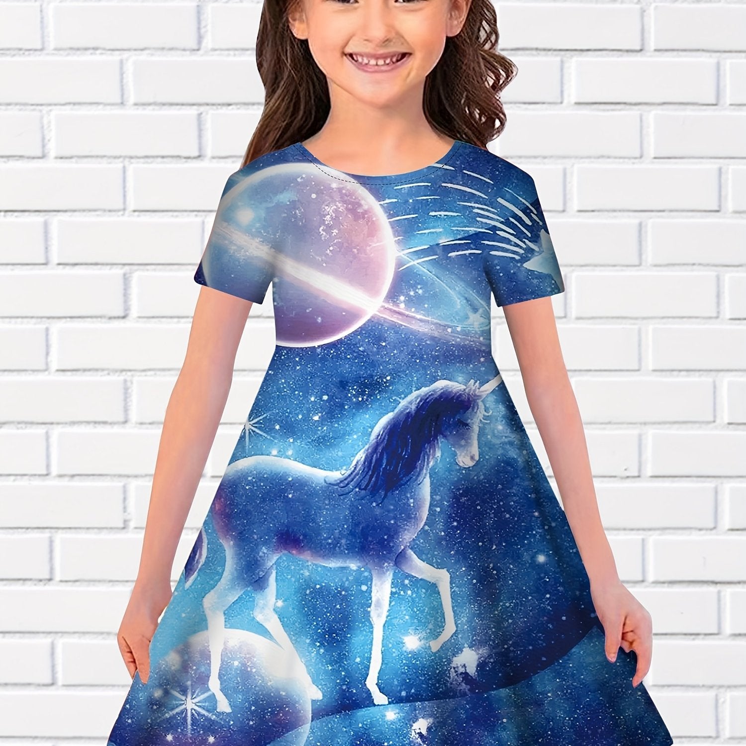 Girls 3D Unicorn Moon Graphic Short Sleeve Dress