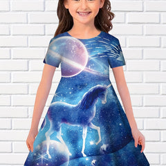 Girls 3D Unicorn Moon Graphic Short Sleeve Dress