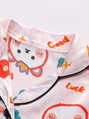 Girls Bear Graphic Pajama Set V neck Button Short Sleeve Top & Shorts