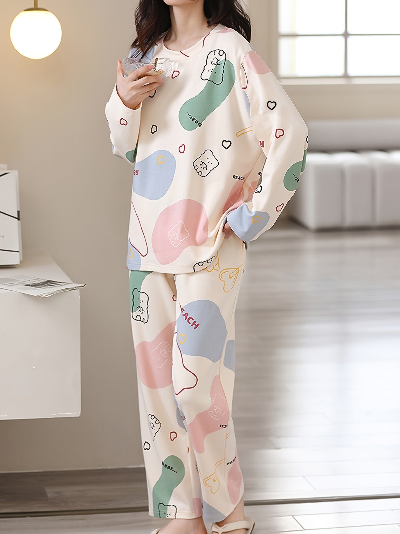 Bear Print Pajama Set Long Sleeve Crew Neck Top & Pants