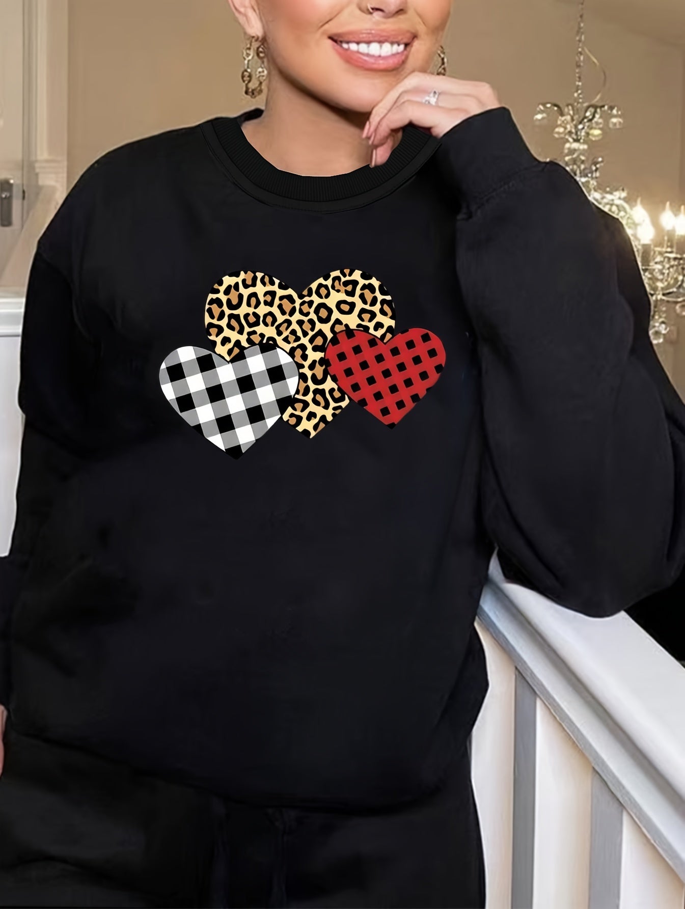 Women's Plus Size Leopard & Plaid Heart Print Long Sleeve Top