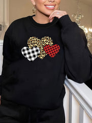 Women's Plus Size Leopard & Plaid Heart Print Long Sleeve Top