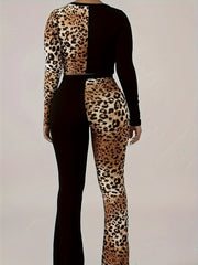 Colorblock Leopard Print Top & Pants 2 Piece Set