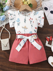 Girls Ruffled Sleeve Flower T-Shirt & Belted Shorts Set Summer Clothes