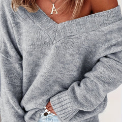 Casual Sweater Women's Plus Solid Long Sleeve V Neck High Stretch