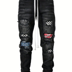 Plaid Ripped Jeans Men s Casual Street Style Distressed Denim Pants