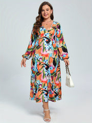Women's Plus Floral & Geo Print Lantern Sleeve V Neck Maxi Dress