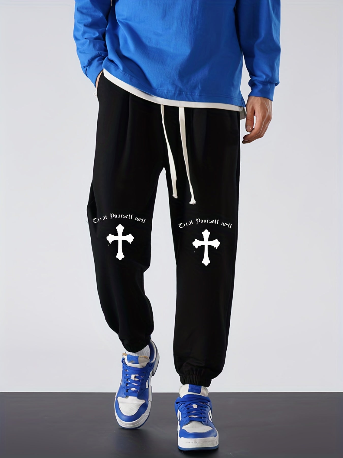 Cross Print Men's Drawstring Sweatpants With Pockets