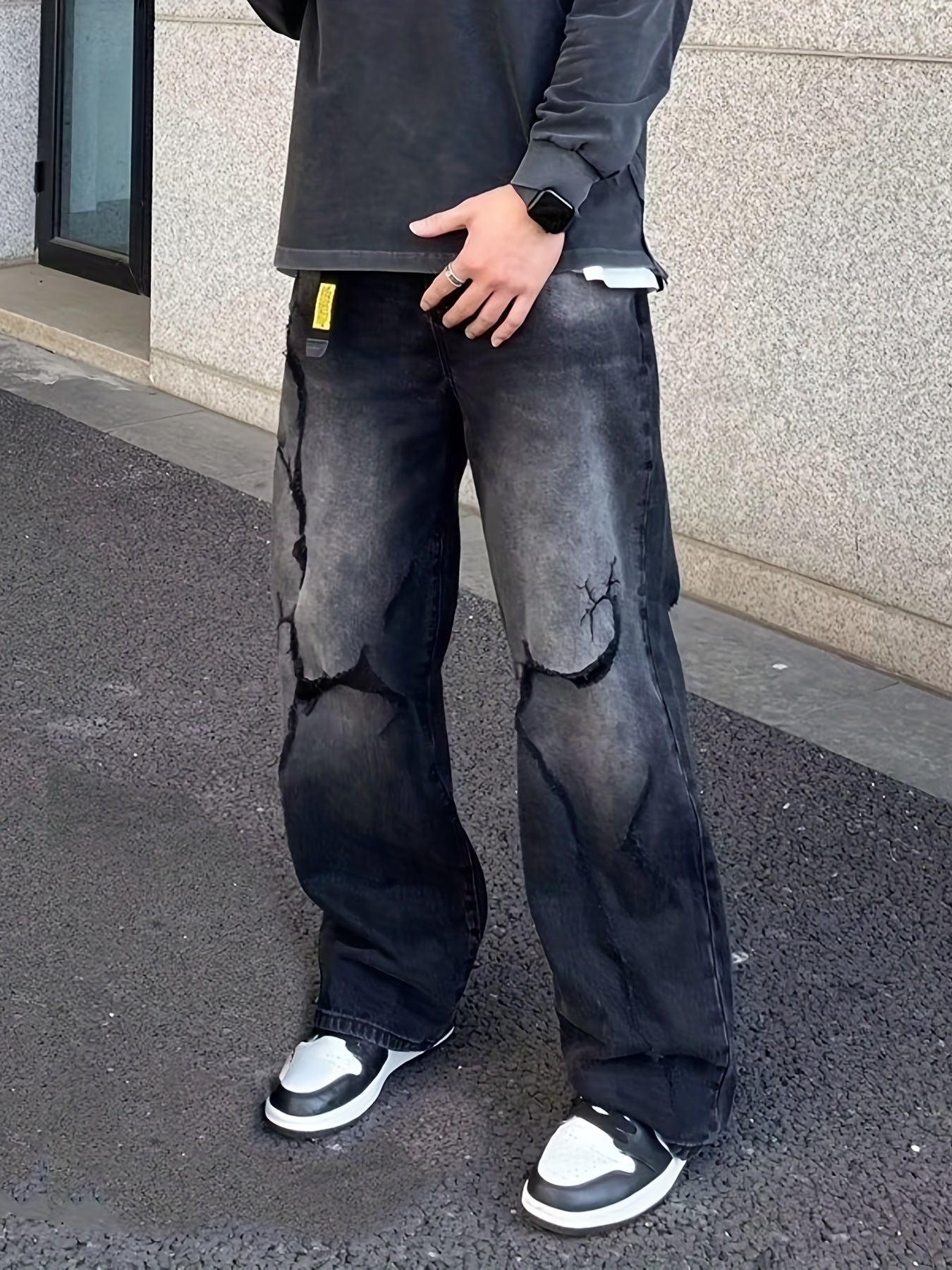 Mens Street Ripped Pants Jeans Handsome Loose Straight Pants