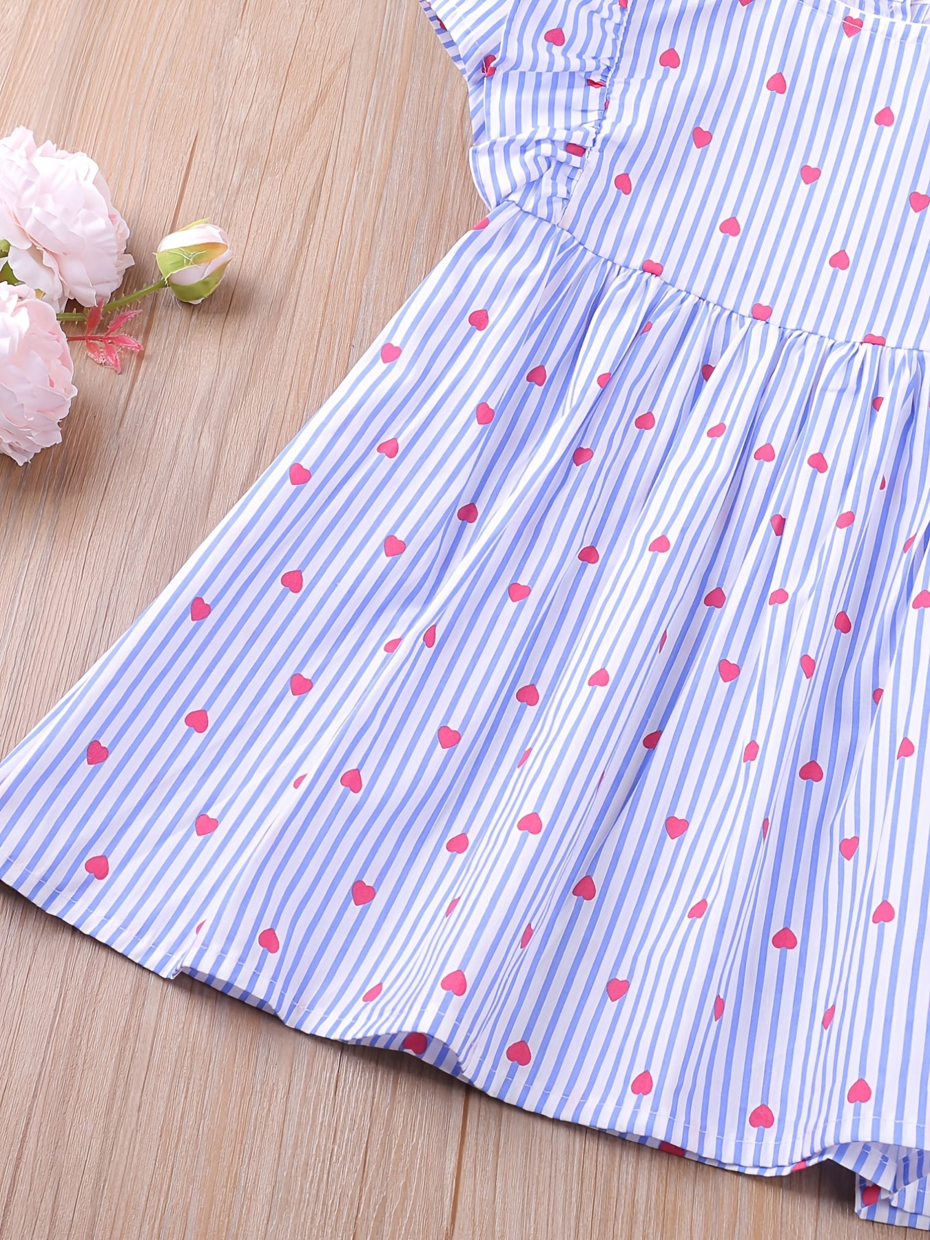 Toddler Girls Puff Sleeve Ruffle Trim Stripe Heart Graphic Princess Dress