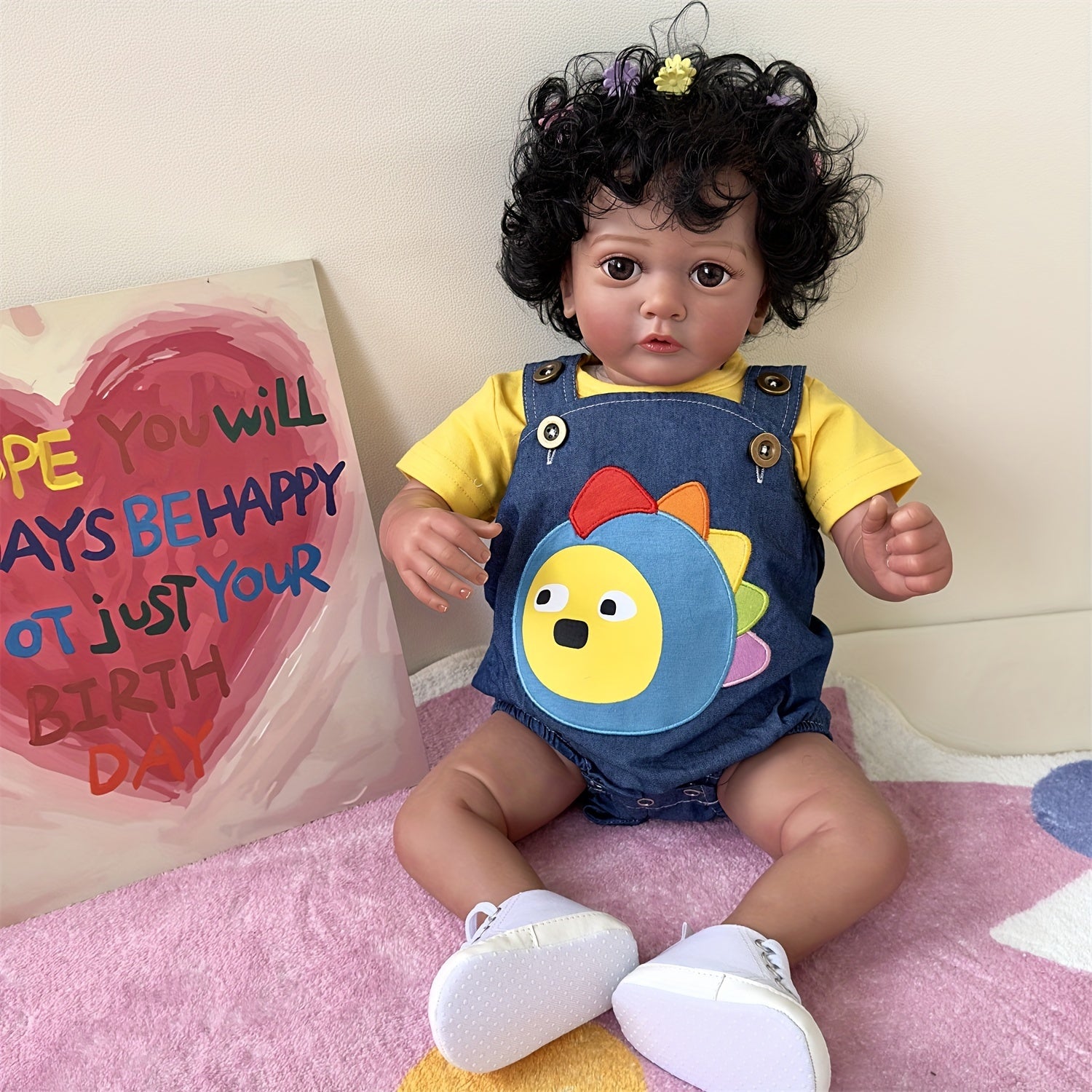 23in Simulative Reborn Doll Dark Brown Skin Hand-Planted Hair Soft Cloth Body