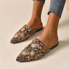 Women's Rhinestone Flat Mules Pointed Toe Slip On Shoes