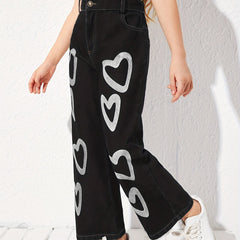 Heart Print High Waist Flared Rip Jeans Destroyed Denim Pants