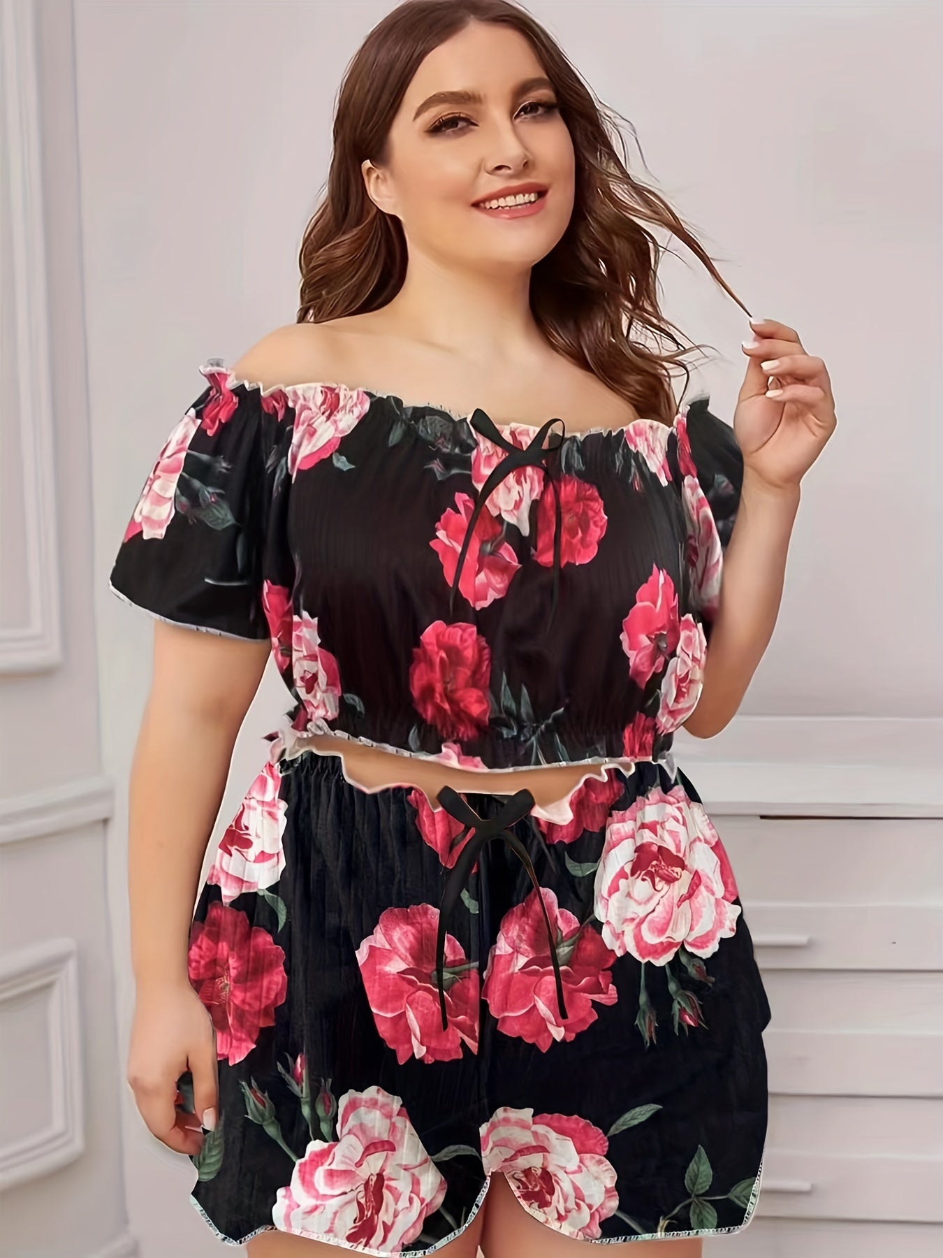 Rose Print Off Shoulder Crop Top & Shorts Pajama Set
