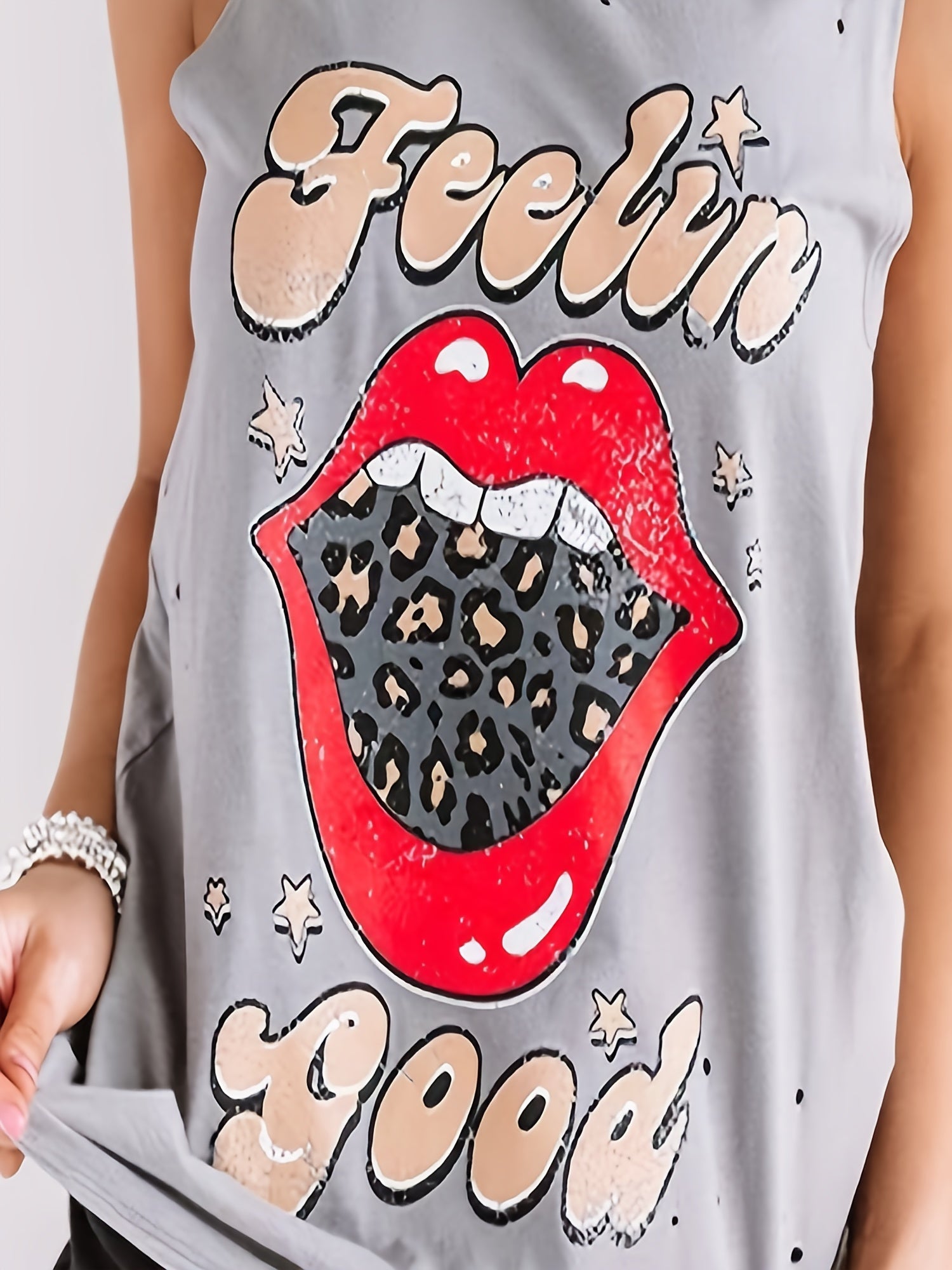 Leopard Lips Print Tank Top Crew Neck Sleeveless Top