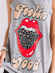 Leopard Lips Print Tank Top Crew Neck Sleeveless Top