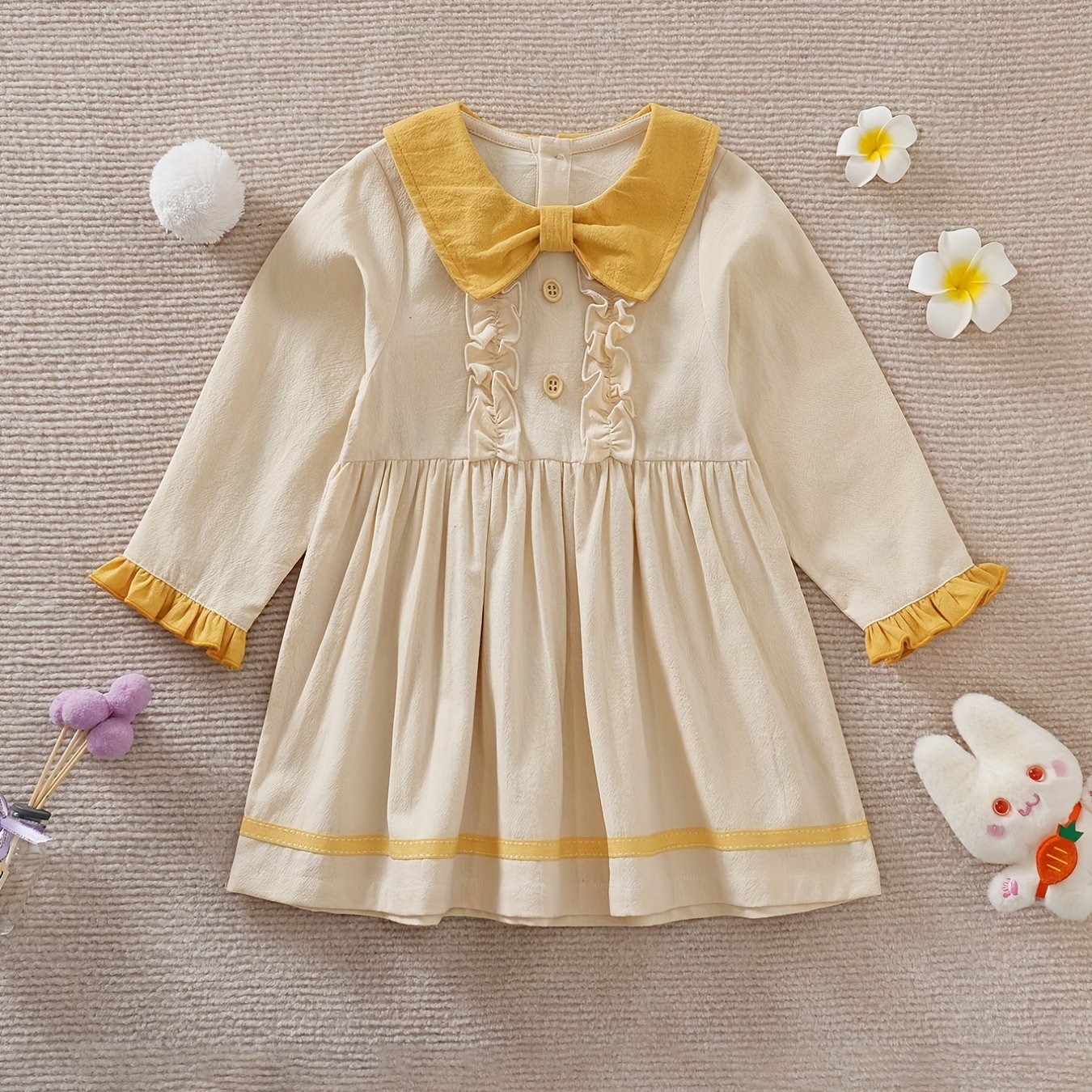 Ruffle Trim Long Sleeve Baby Girls Pleated Dress