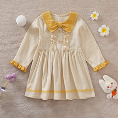 Ruffle Trim Long Sleeve Baby Girls Pleated Dress