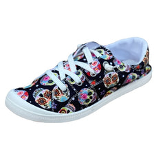 Women's Skull Pattern Canvas Shoes Low Top Lace Up Round Toe Flat Casual Shoes
